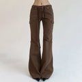 Chic Brown Low Waisted Flared Jeans Stitched Streetwear Denim Trousers