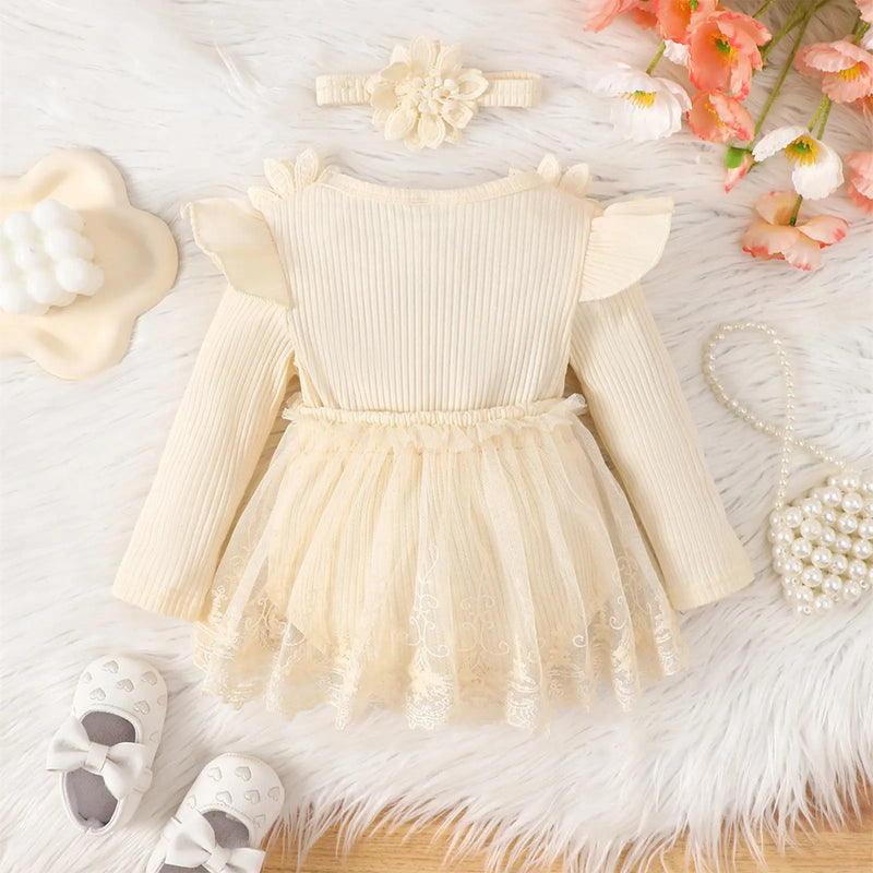 Infant Baby Girls Rompers Dress Flower Embroidery Tulle Rib Knit Bodysuit with Headband Toddler Kid Fall Winter