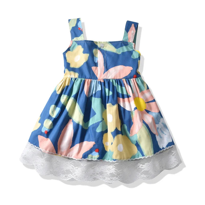 Summer Cute Kids Girls Casual Dresses Sleeveless Floral Girls Children Lace Dress Princess Costumes