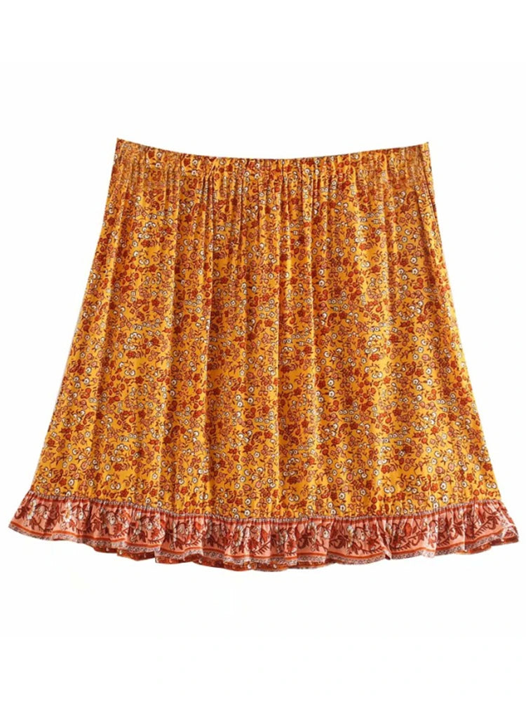 Women Elegant Boho Skirt Stitching Bohemian Floral Peacock Printed Mini Skirts Female Oversize