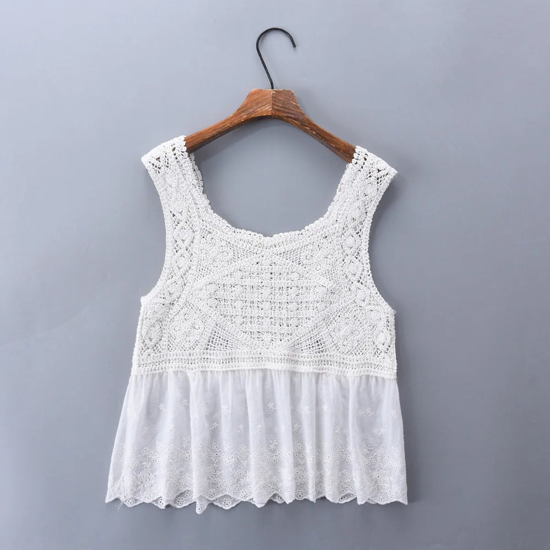 Summer Short Lace Sleeveless Women Top Knitted Patchwork Embroidery