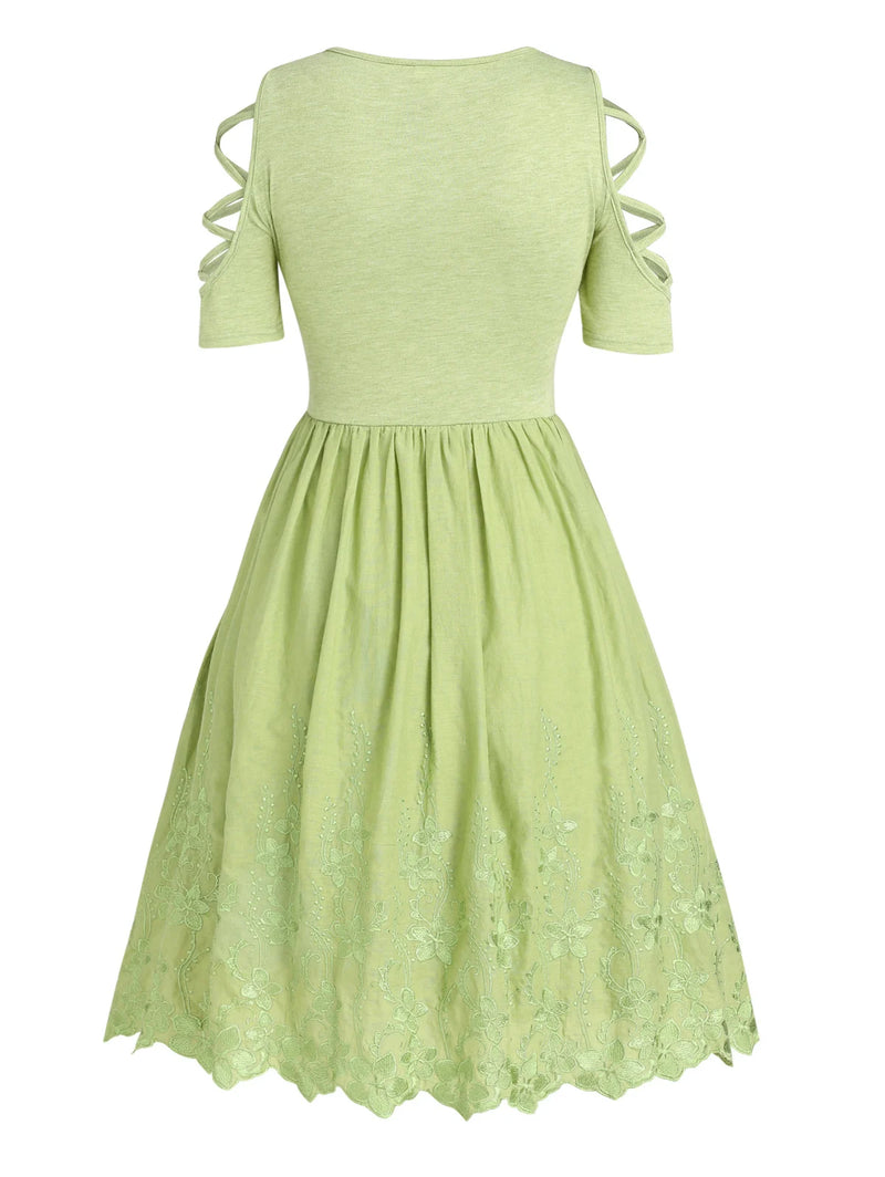 Flower Embroidery Dress Lace Up Mock Button Adjustable Straps Backless Robe Light Green For Spring