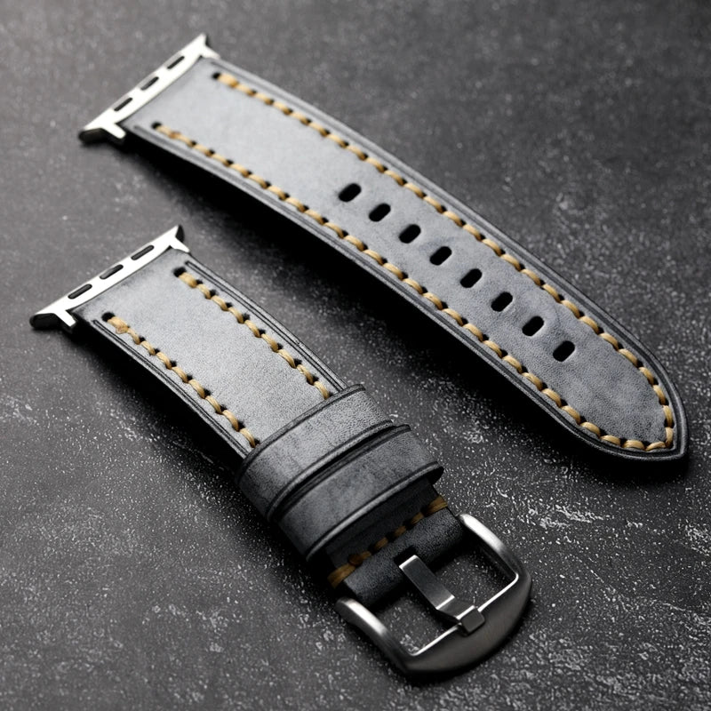 Handmade Head Layer Leather Strap For Apple Watch iWatch Grey and Black Thickened Men's