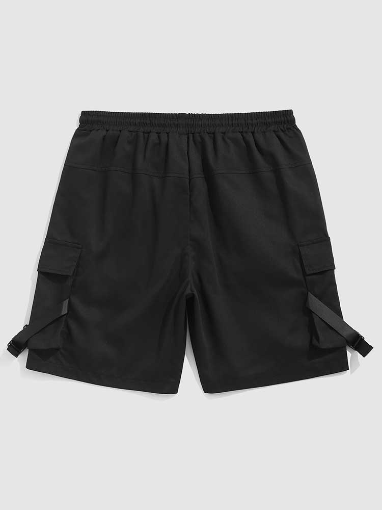 Men Solid Mid-waist Drawstring Shorts Buckle Strap Summer Streetwear Multi-pocket Cargo Shorts