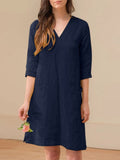 Summer Short Sleeve Dress Casual Solid Party Women V Neck Robe Knee-length Elegant Work Sundress