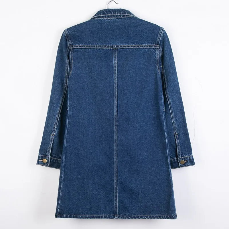 Women Denim Jackets Spring Autumn Pockets Mid-Length Jean Coat