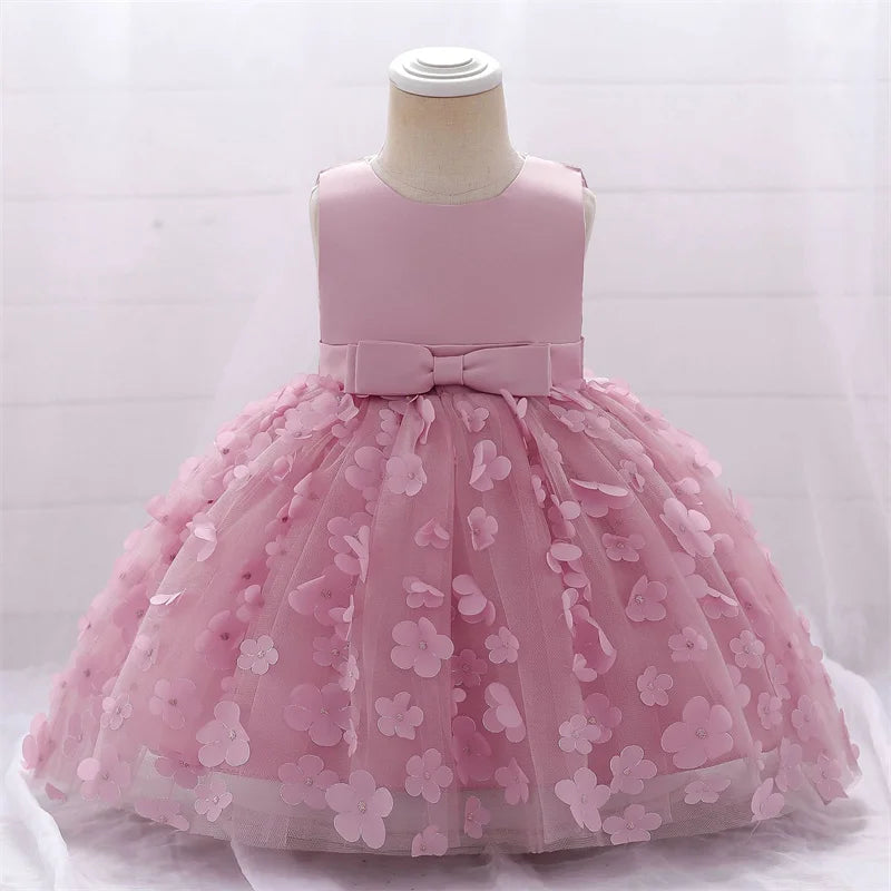 Baby Girls Dresses Long Sleeve Bow Birthday Gown Infant Party Pearl Princess Baptism Toddler