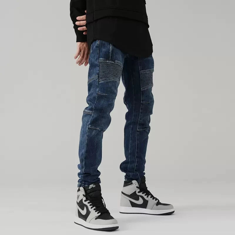 Men Jeans Retro Blue Elastic Slim Fit Spliced Biker Jeans Men Zipper Designer Patched Hip Hop Pants