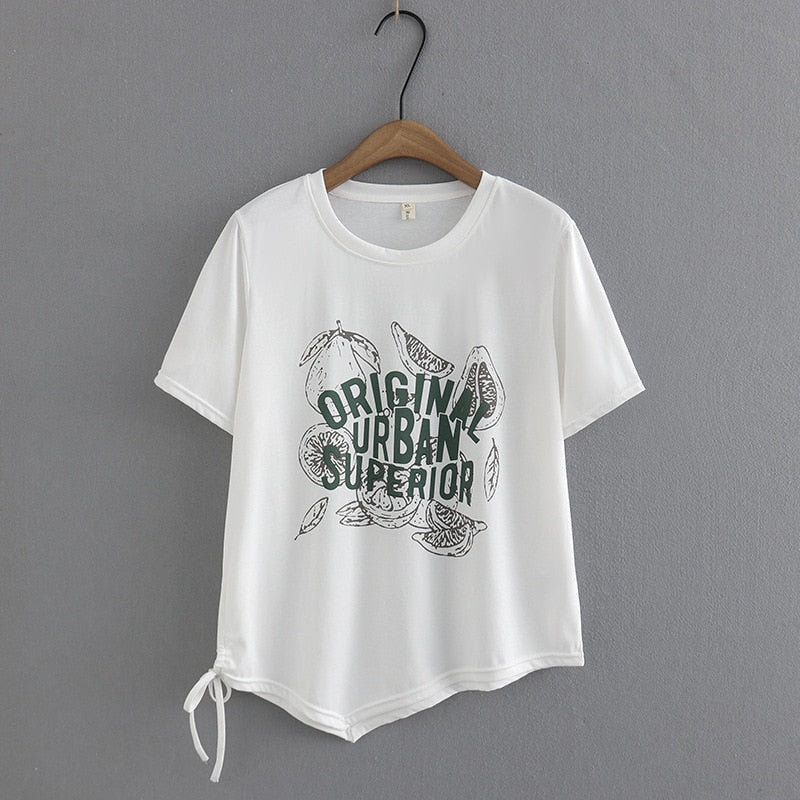 Women T-Shirt Summer Short Sleeve Cotton Drawstring Letter Tops Loose Tees Oversized Curve Clothes