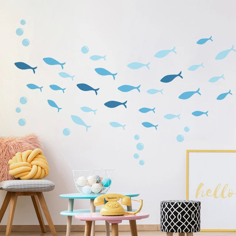 42pcs/set Blue Fish Vinyl Wallsticker DIY Stickers Ocean Fish Scene Nursery Decoration Art