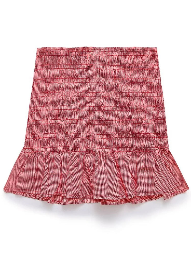 Women Sweet Red Plaid Mini Skirt Slim Elastic High Waist Chic Ruffles Hip Wrap Short Skirts