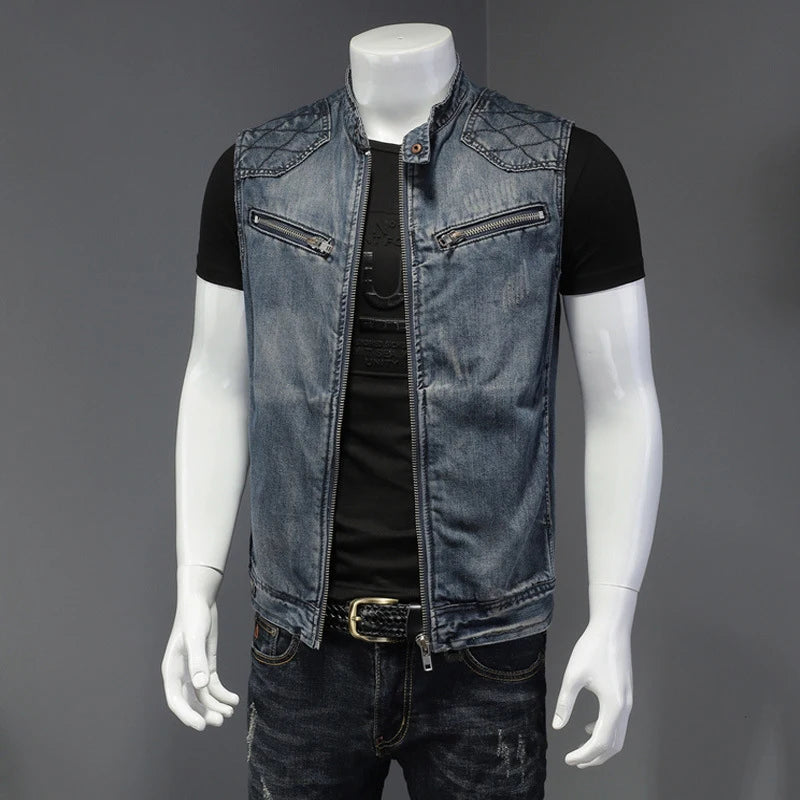 Mens Denim Design Retor Jackets Men Streetwear Ripped Hole Punk Jean Waistcoats Clothing