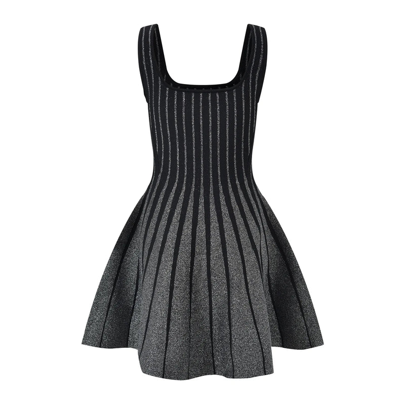 Autumn Style Lady Sleeveless O-neckline Women Mini Short Knitted A-line Striped Dress