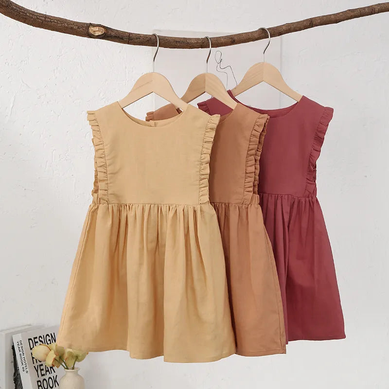 Retro Linen Ruffle Sleeveless Girls' Dress Summer New Baby Girl Casual Button Elastic Waist Cotton And Linen Princess Dresses