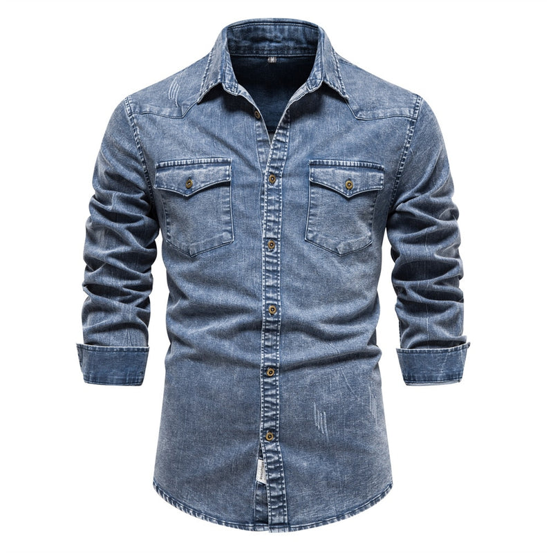 Men Denim Shirt Long Sleeve Casual Slim Fit Shirts Mens Two-pocket Spring Autumn Tops Mid-length Outwear Solid Top