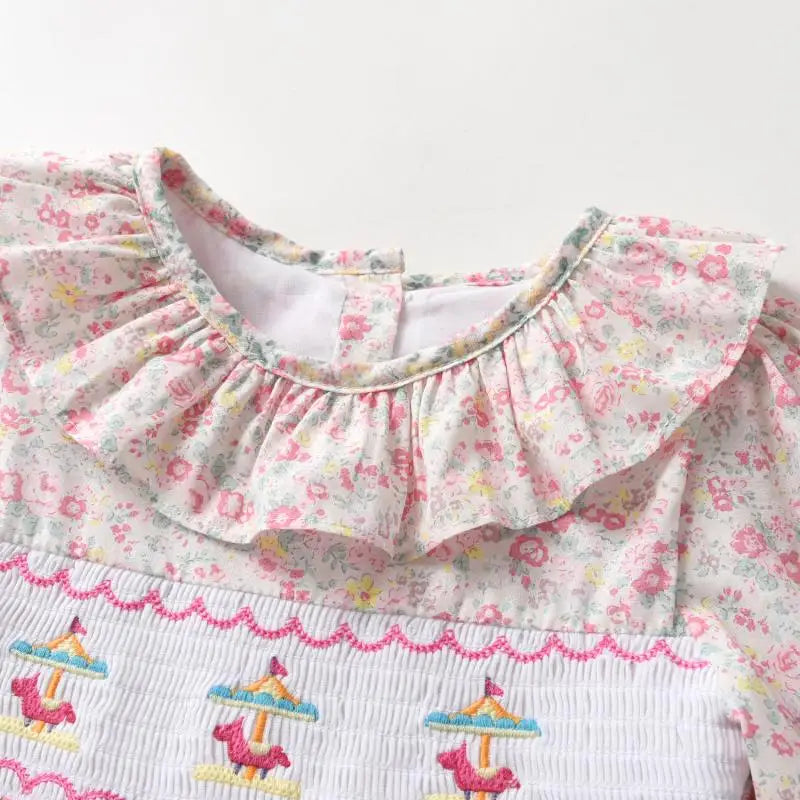 Flower Baby Girl Smocking Dress Children Sailboat Embroidery Puff Sleeve Dresses Girls Charlotte Princess