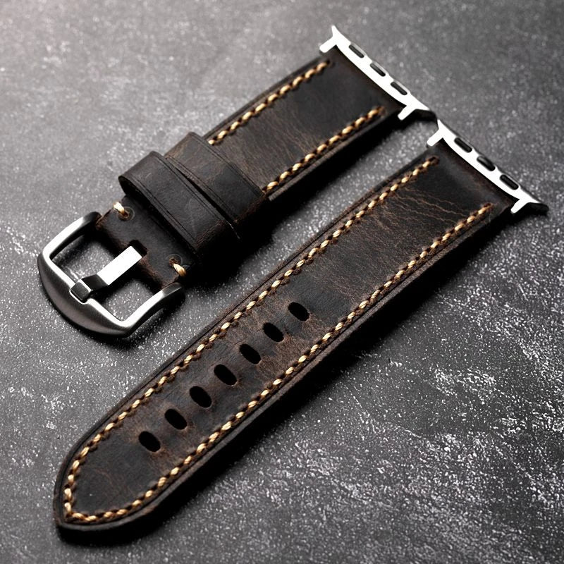 Handmade Leather Strap Grey For Apple Watch Double Thickened Men Bracelet Brushed Leather