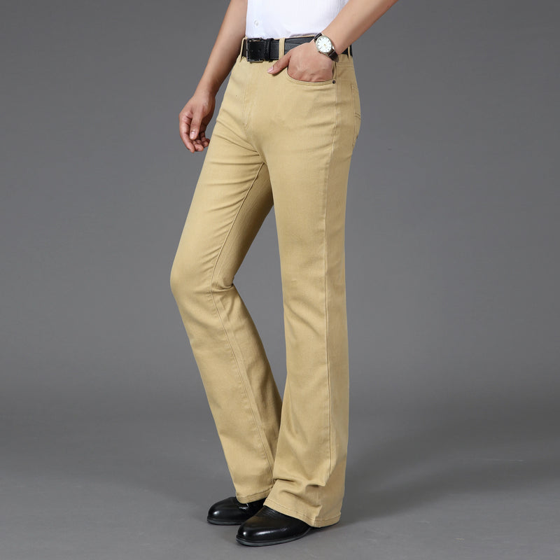 Men Business Casual Pants Mid Waist Elastic Slim Boot Cut Semi Flared