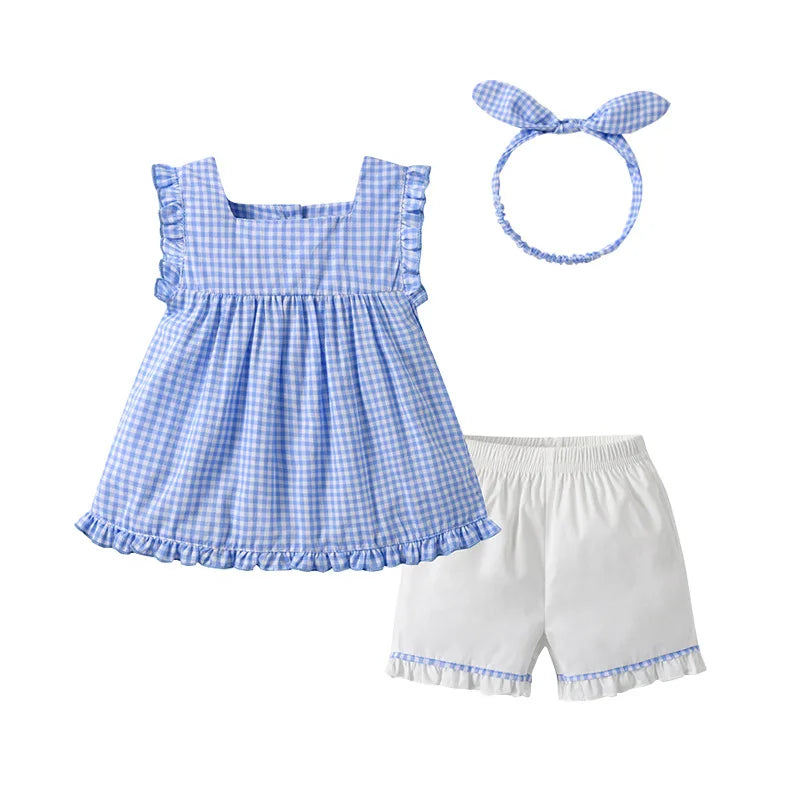 Summer Newborn Baby Girl Two Piece Sets Sleeveless Blue Plaid Top Toddler Infant Outfits