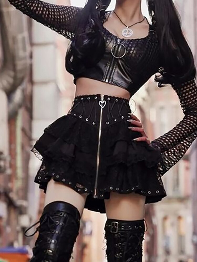 Dark Lace Patchwork Mall Gothic Pleated Skirts Grunge Aesthetic Punk Bandage Zip Up Mini Skirt Women Streetwear Alt Clothes