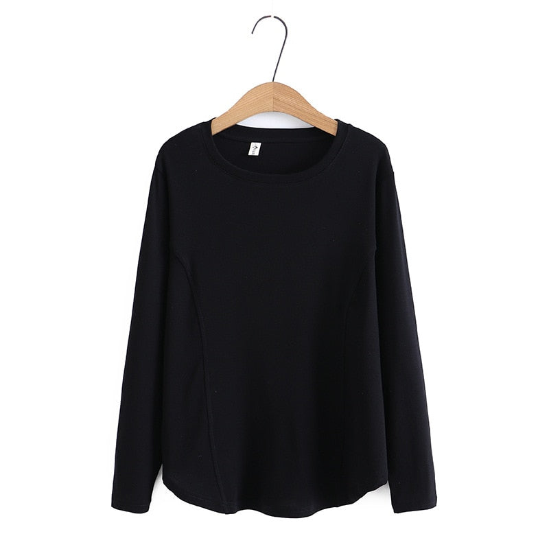 Women Spring Simple Hem Two Side Pleated O-Neck Tees Long Sleeve Tops Oversized Curve Clothes