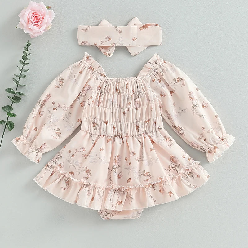 Autumn Infant Baby Girl Fall Outfits Floral Bodysuit Dress Headband Casual Clothes