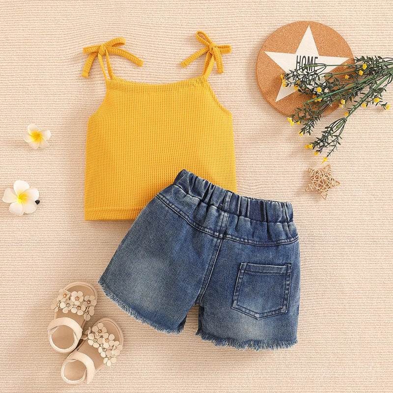 Baby Girls Summer Clothes Brief Sleeveless T-shirt Denim Shorts Clothing Set