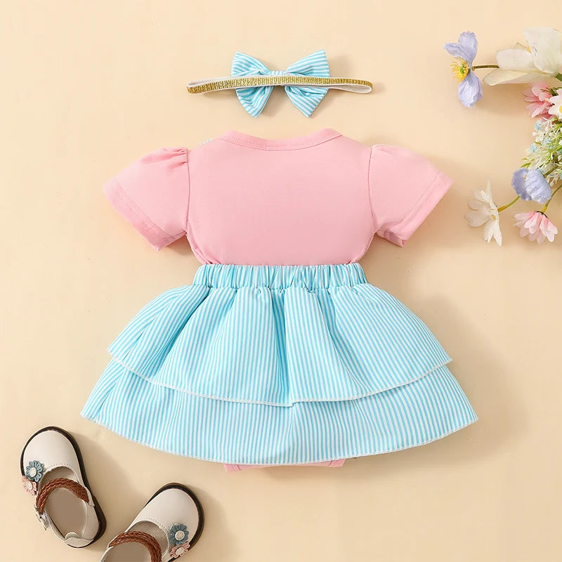 Spring Infant Baby Girls Bodysuit Dress Short Sleeve Cartoon Embroidery Jumpsuit Headband Clothes