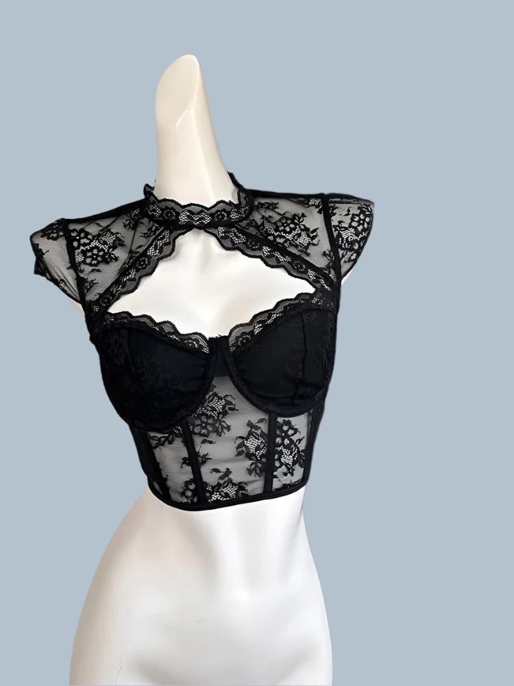 Summer Women Ballet Core Lace Hollow Out Tank Top Coquette Dark Academia Crop Top