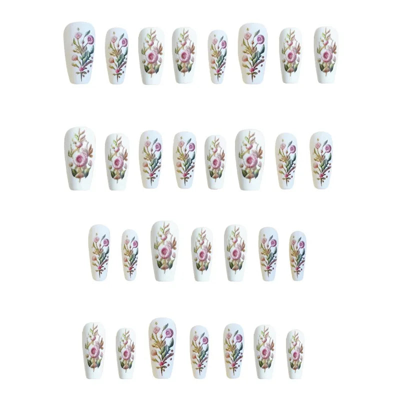 24 Pcs Pink Green Flower Press on Acrylic Nails for Women Nail Art Coffin Aesthetic Fake Nails