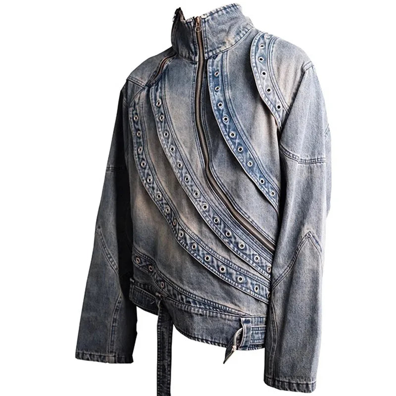 Stand Collar Rotate Zipper Denim Jacket Heavy Weight Distressed Jean Jacket Punk Denim Coat