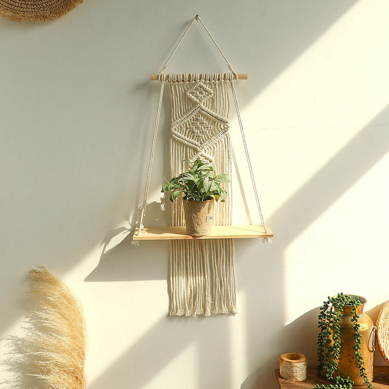 Macrame Wall Shelf Wood Floating Shelves Flower Pot Display Stand Hanging Wall Boho Home Decoration