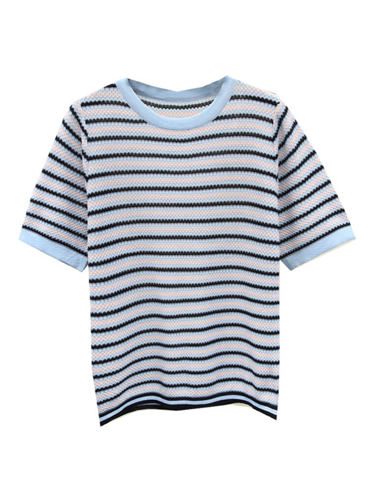 Luxury Knitted T-Shirt For Women Summer High Quality O-Neck Short Sleeve Blue Striped Casual Tops