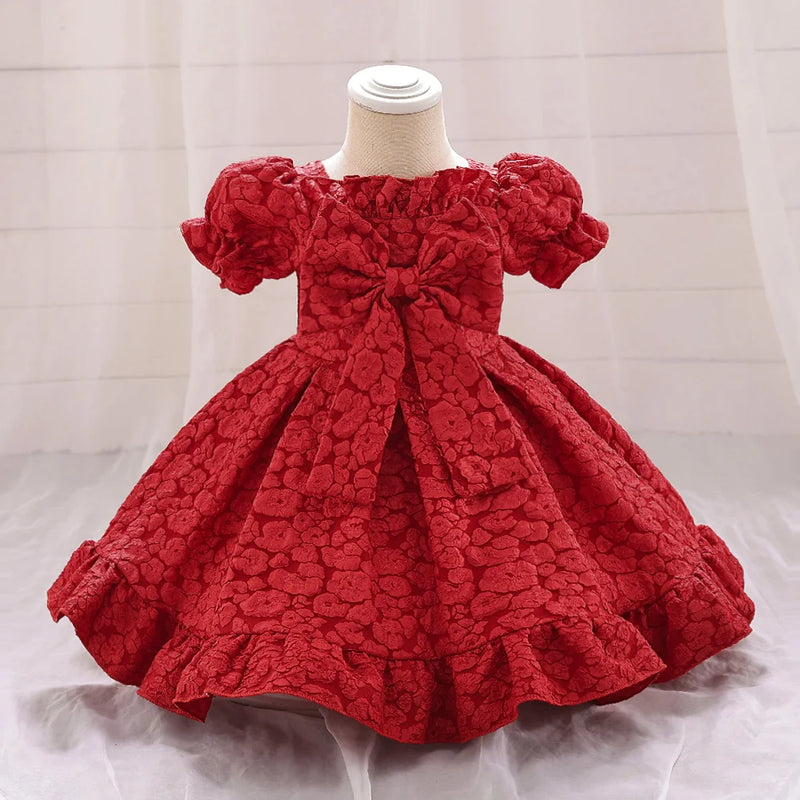 Retro Baby Girl Birthday Party Dress Christmas Floral Big Bow Wedding Gown Kids Formal