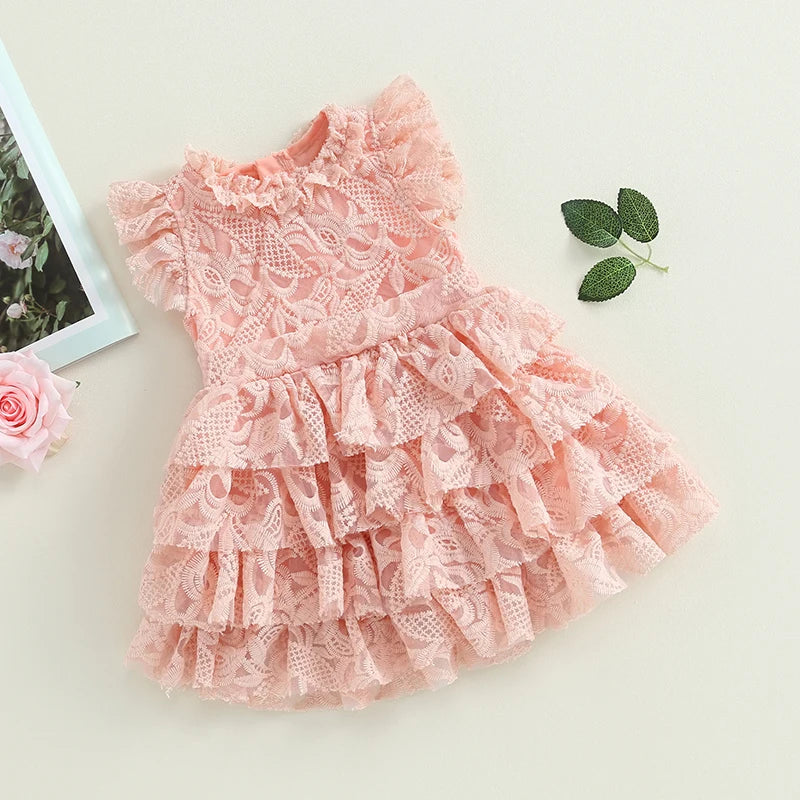 Summer Kids Girl Ruffle Dresses Sleeveless Layered Lace Casual Party Street Princess Pink Dress Clothes