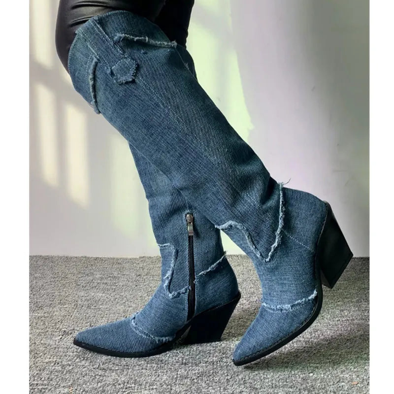 Denim Boots For Women's High Boots Crystal Fringe Heels Luxury Shoes Retro Ladies Chelsea Boots