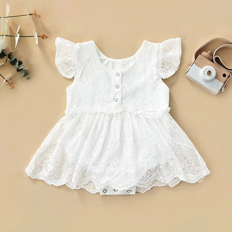 Baby Princess Romper Dress Clothes Summer Flying Sleeve Flower Lace Sweet Style Crew Neck Toddler Little Girls Lovely Clothing