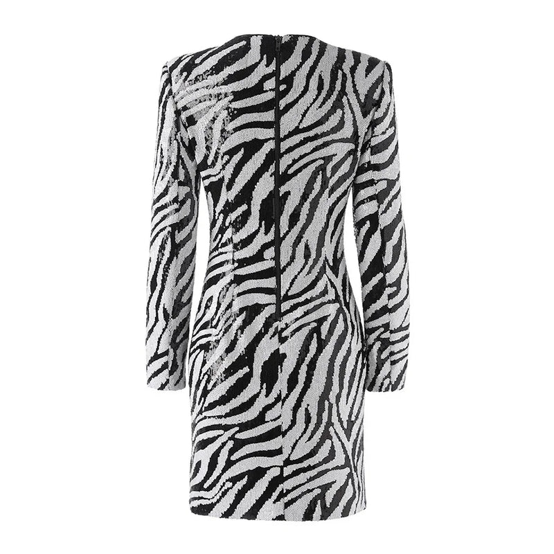 Luxury Patchwork Zebra Striped Mini Dress for Women Round Neck Chic Dresses Female