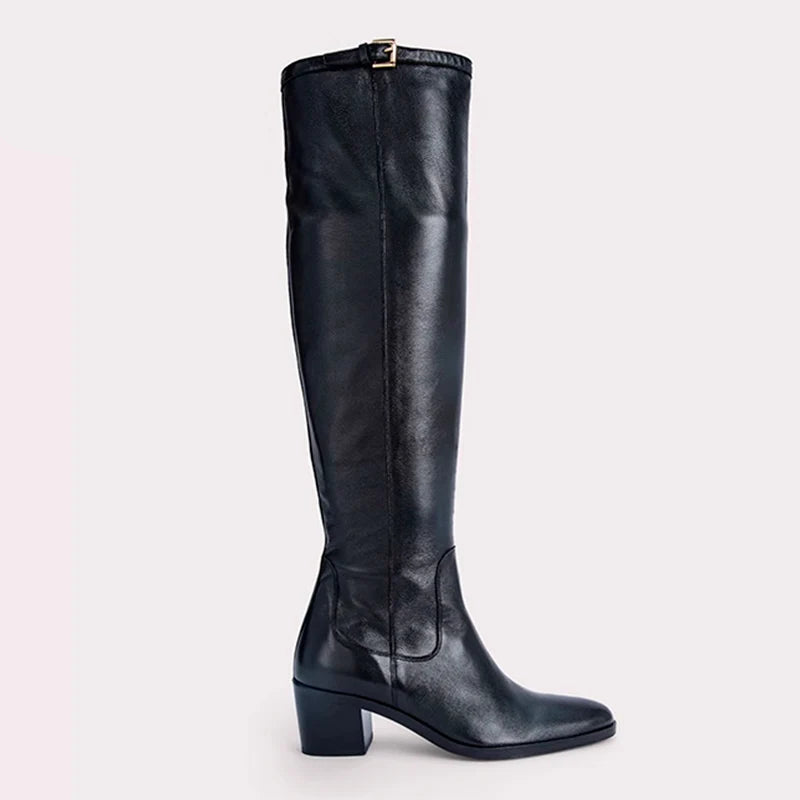 Women's Knee High Boots Med Heels Round Toe Black Dress Casual Female Autumn Winter Warm Shoes