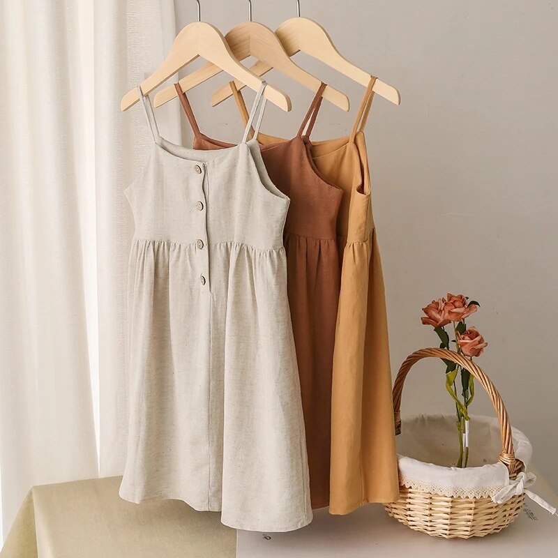 Linen Girl Summer Dress Casual Strapless Button Dress For Kids Girl