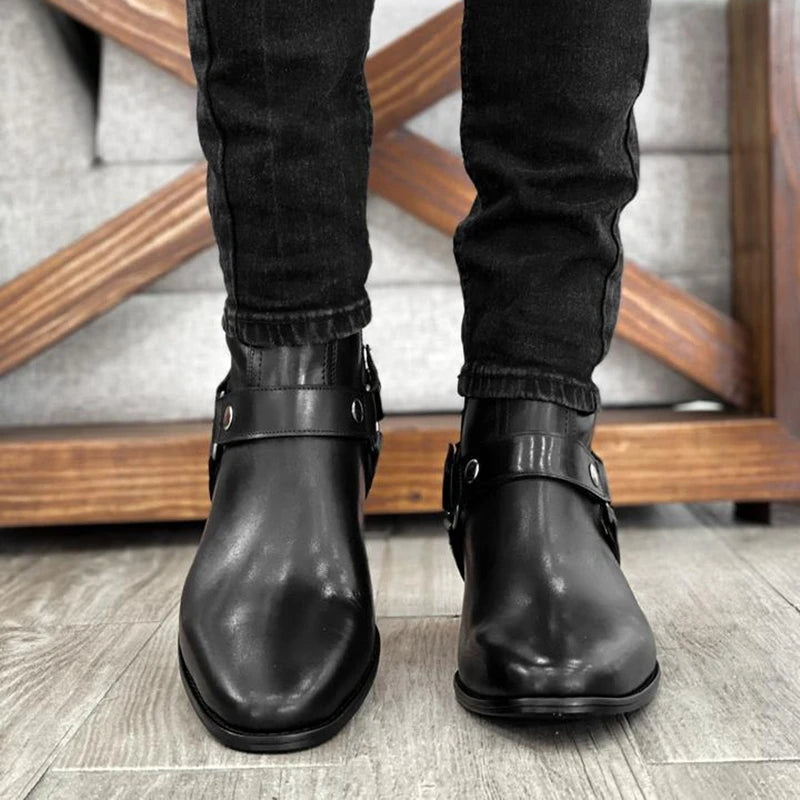 Black Men's Short Boots Genuine Leather Zip Business Low-heeled Handmade Ankle Boots for Men Fashion Work Punk Zapatos Hombre