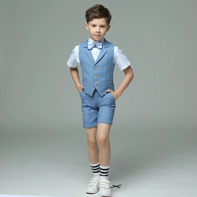 Summer Formal Plaid Suit Set Boys Dress Kids Vest Shirts Pants Clothing Set