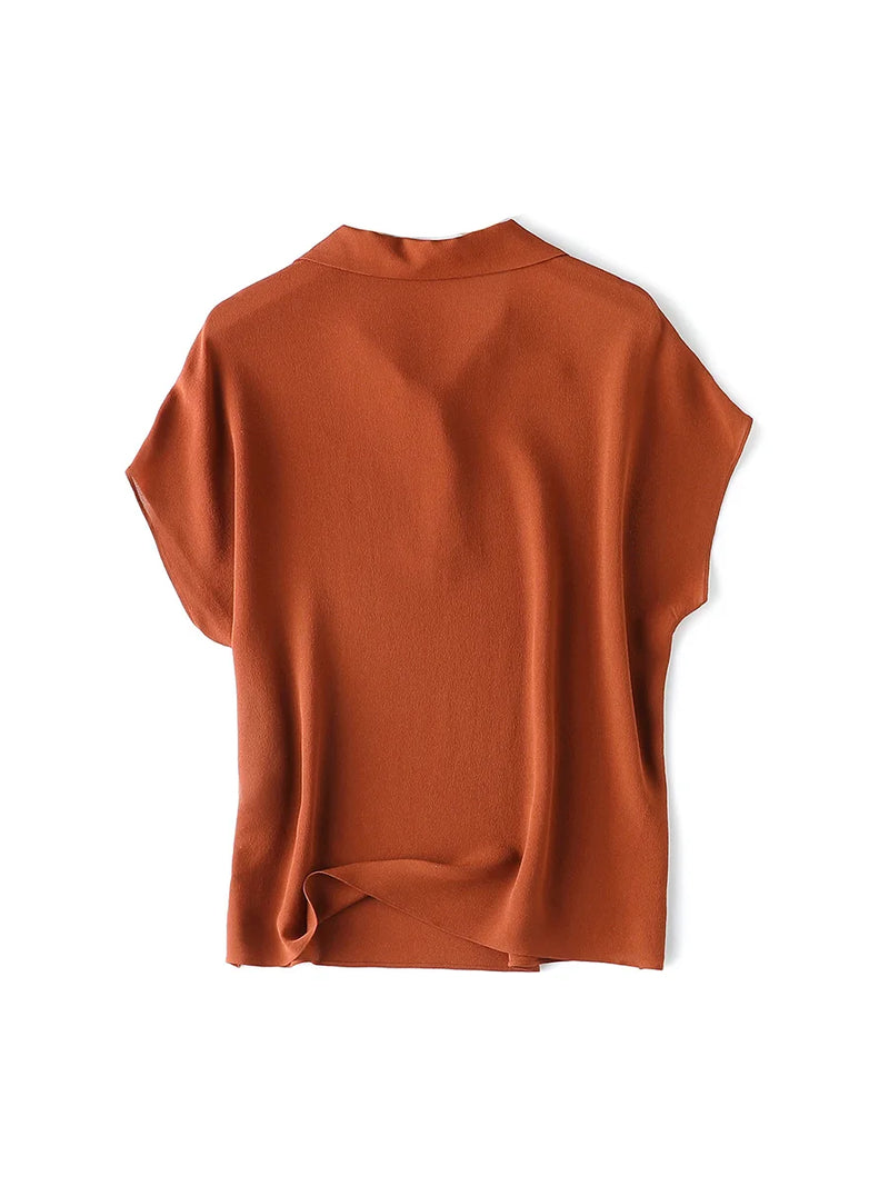 Women Polo Neck Blouses Real Silk Sandy Wash Bat Sleeves T Shirts Spring Summer Chic Top Rose Red