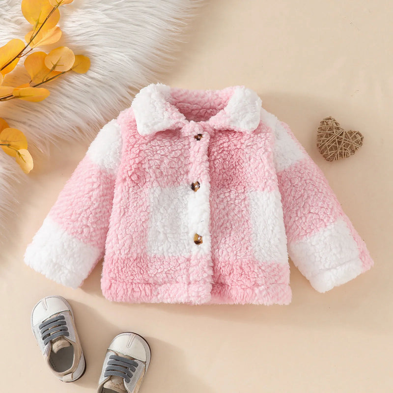 Infant Baby Girls Fall Winter Fuzzy Jacket Lapel Plaid Coat Thicken Warm Outerwear