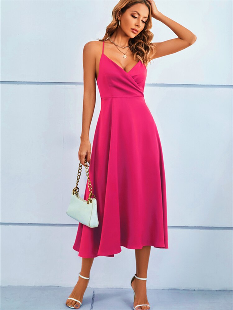 Beach Dress Women Elegant A Line Sexy Satin V Neck Backless Party Dresses Summer Bandage Spaghetti Strap Midi Robe