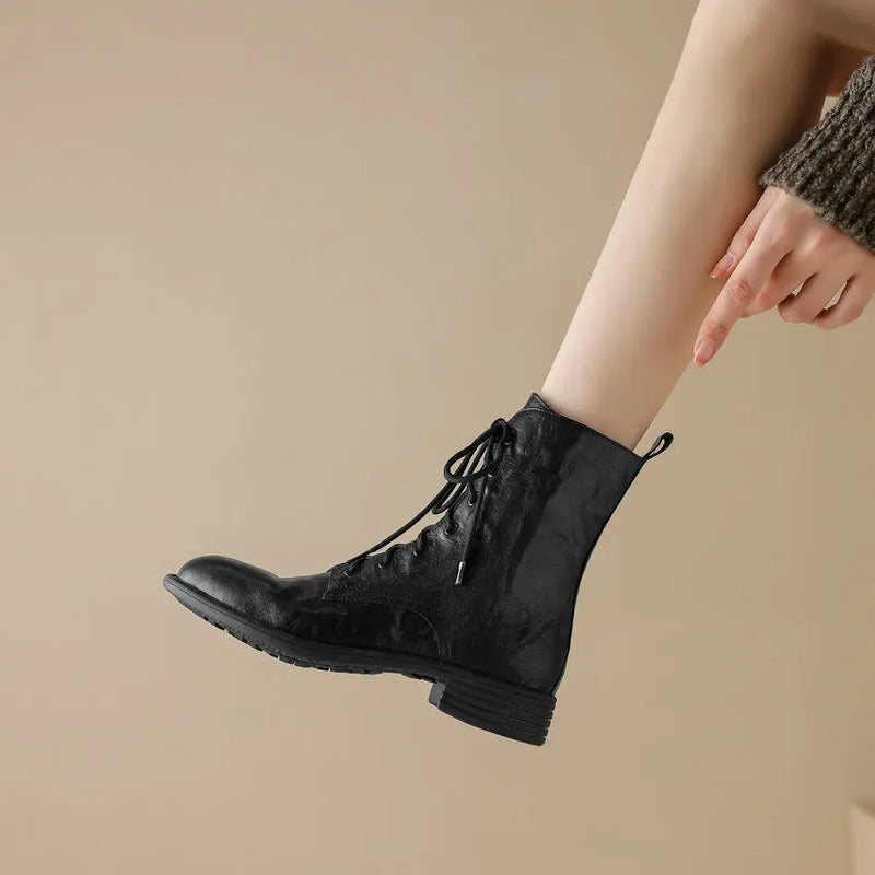 Retro Cross-Tied Women Ankle Boots Thick Low Heels Genuine Leather Zipper Shoes Woman Autumn Winter