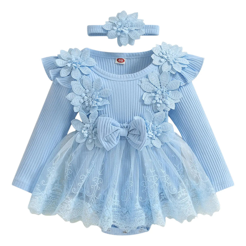 Infant Baby Girls Rompers Dress Flower Embroidery Tulle Rib Knit Bodysuit with Headband Toddler Kid Fall Winter