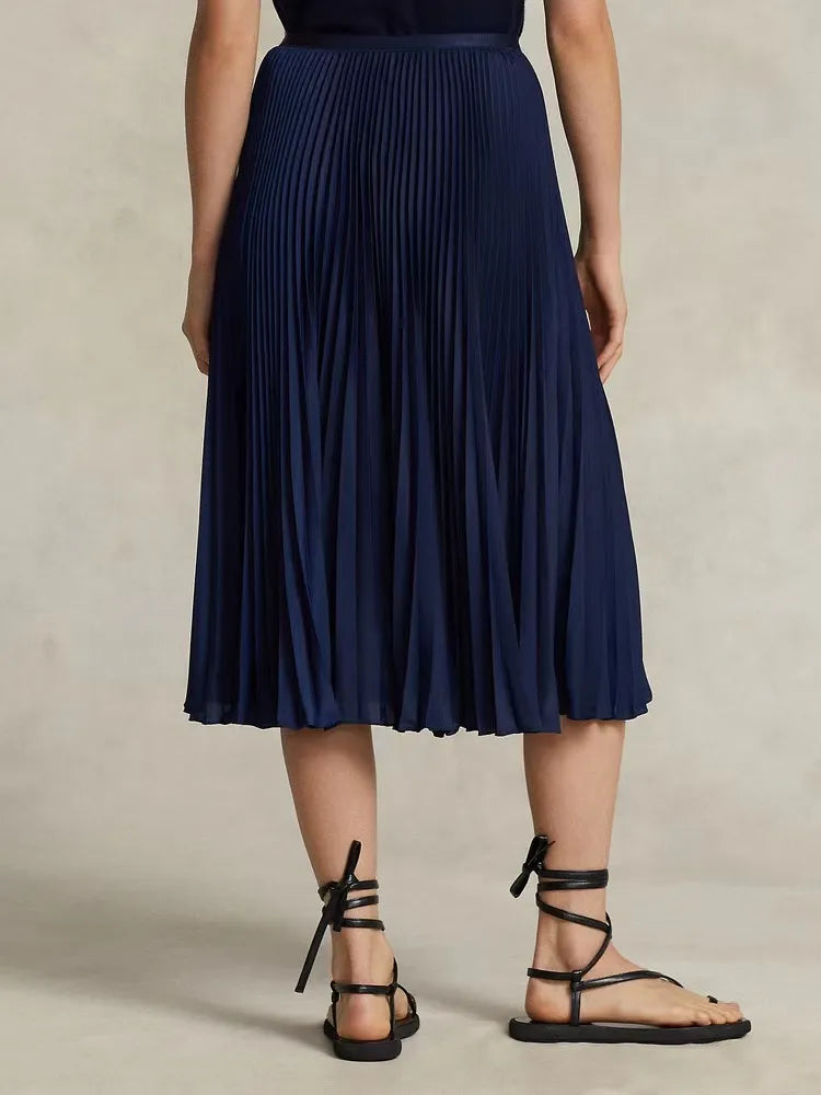 Spring Summer Solid High Waist Pleated Skirts Lady Mid Length Women's Half Skirt Female