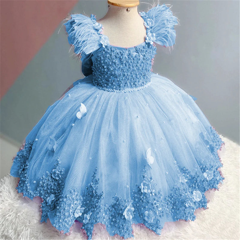 Elegant Applique Flower Girl Dress Wedding Butterfly Feather luxury With Pearls Bow Puffy