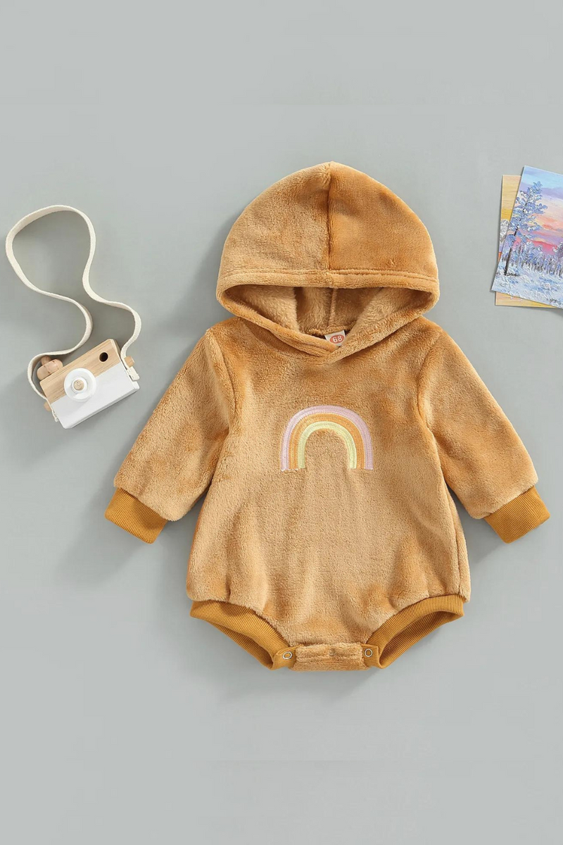 Baby Girls Winter Fleece Romper Toddler Newborn Baby Girls Rainbow Print Hooded Rompers Jumpsuits Casual Clothes Outfits